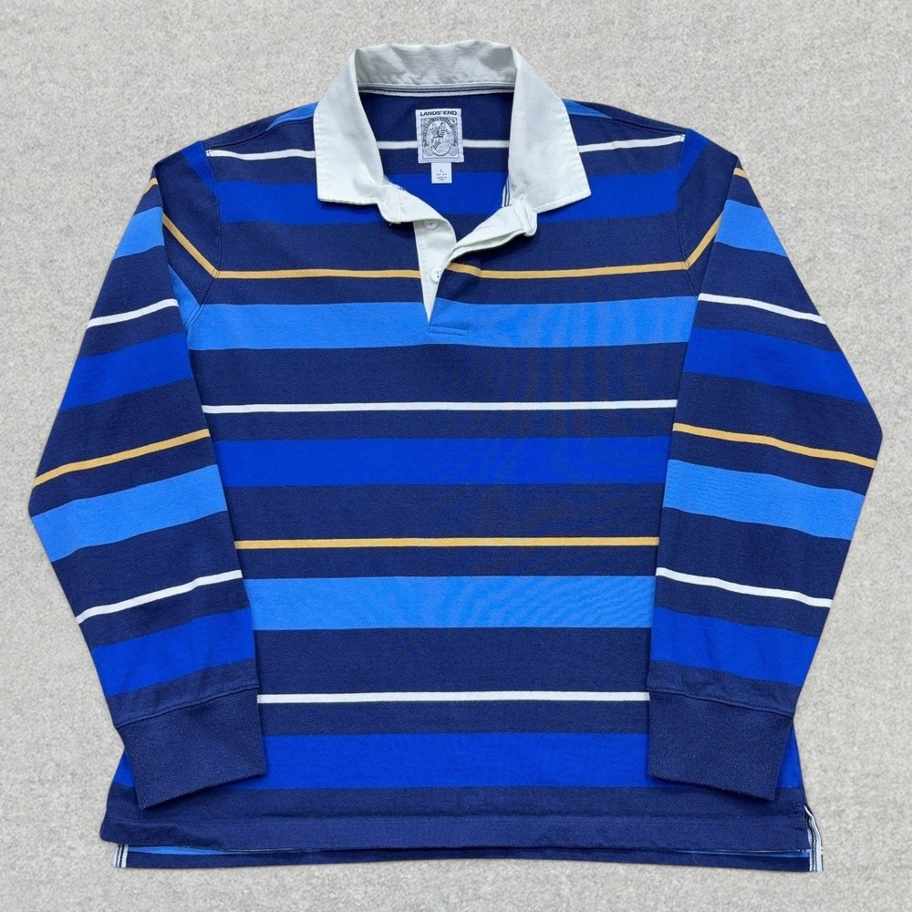 Lands End Rugby Shirt Mens L Blue Striped Long Sleeve Cotton Collared Jersey
